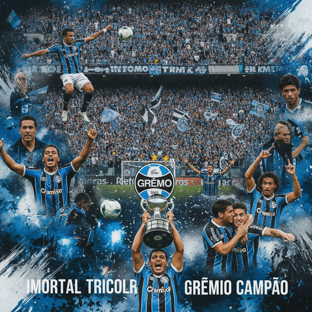 Montagem dinâmica com momentos históricos do Grêmio, jogadores lendários e a torcida em festa, com cores azul, preto e branco.