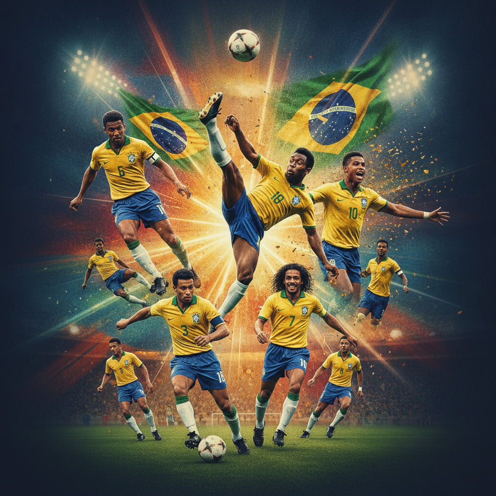 Montagem dinâmica com jogadores lendários da Seleção Brasileira em momentos históricos, com cores vibrantes.