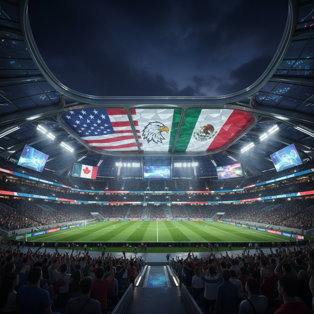 Estádio moderno iluminado com cores das bandeiras dos EUA, México e Canadá para a Copa de 2026