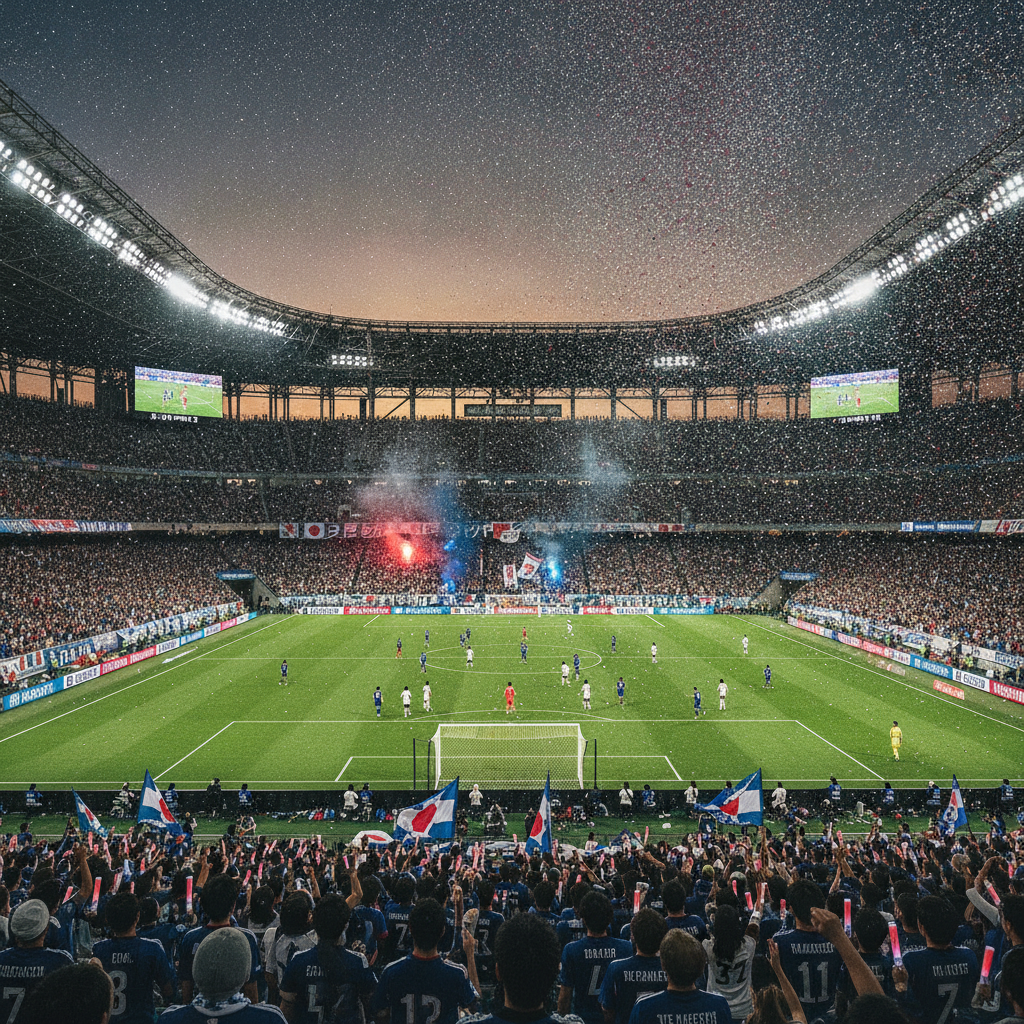 Estádio de futebol lotado com luzes brilhantes, representando a emoção e grandiosidade das principais ligas do mundo.